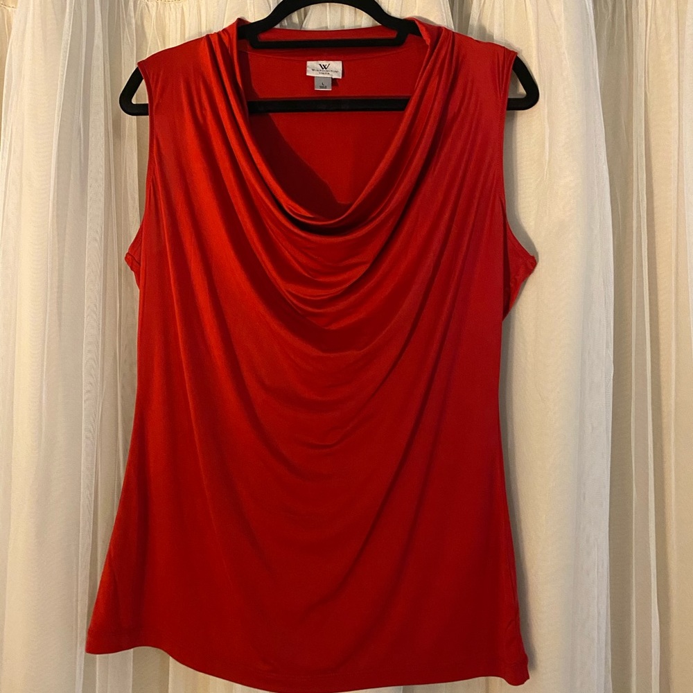 Stretch red drape neck blouse. L